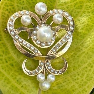 Antique Edwardian 14k solid yellow gold pave Pearls & seed pearls Brooch pin